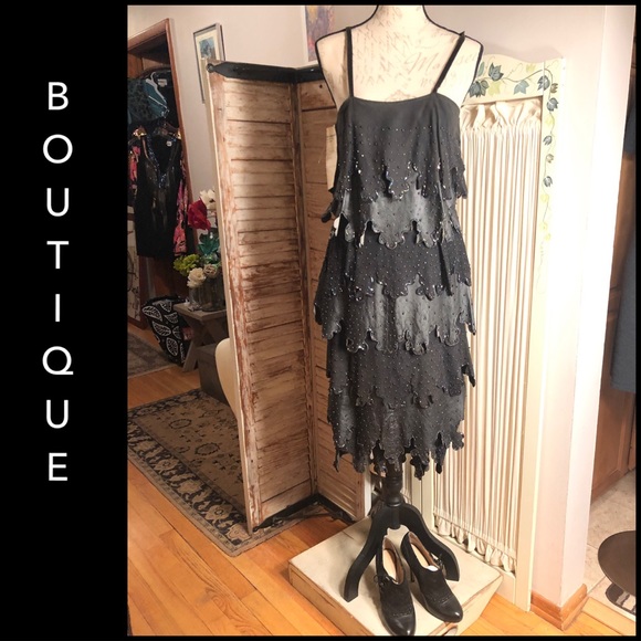 FIRM-SZ-M LEATHER/sequin BOUTIQUE FLAPPER DRESS - Picture 2 of 8